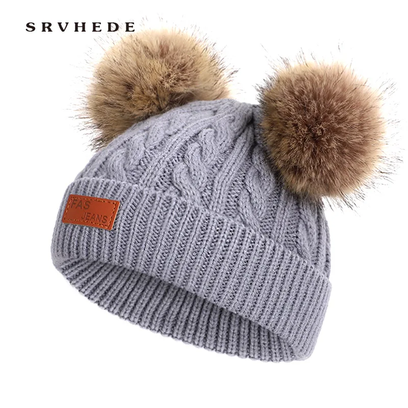 

2019 autumn winter 8 color children's hat Pom Pom warm raccoon fur ball cap bean bean hat children cotton knit baby hat winter