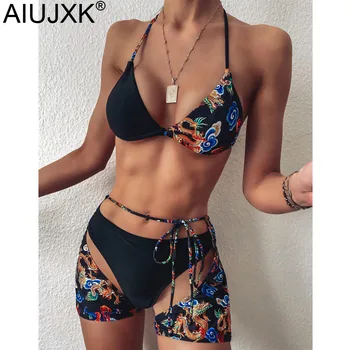 

AIUJXK New 2020 Summer Swimwear Women Sexy Lingerie Bra And Panty Set Vintage Print String Biquini Bandage 3 Pieces Bathing Suit