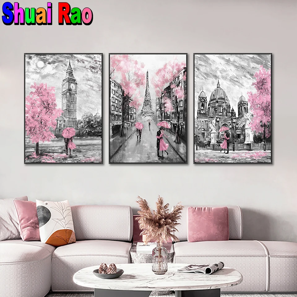 Pink Trees Tower Lovers Ombrello Rosa Street Diamond Painting Full Square Ricamo Strass Dell'Immagine Regalo Di San Valentino,