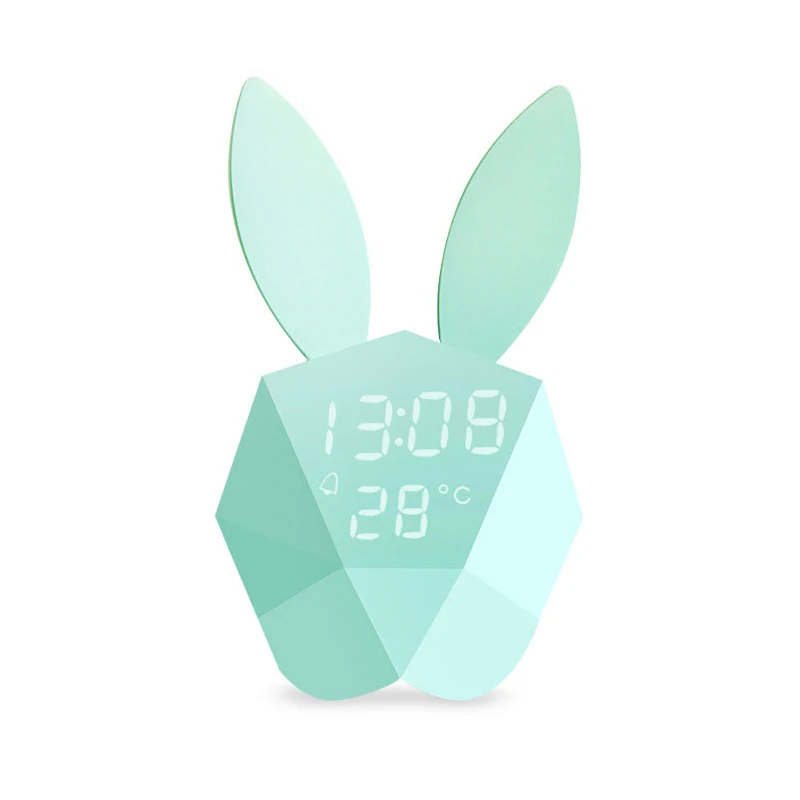 green Bunny LED Sound Night Light Thermometer Rechargeable Table Wall Clocks Cute Rabbit Shape Digital Alarm Clock With Magnetic - Цвет: green