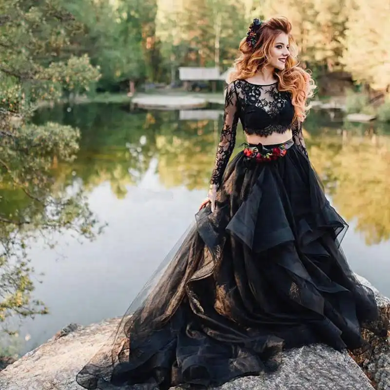 Vestido De Novia Negro Gotico De Manga Larga Escalonado De 2 Piezas De Encaje Hecho A Medida Vestidos De Novia Apliques Transparentes Vestido De Novia Boho Aliexpress