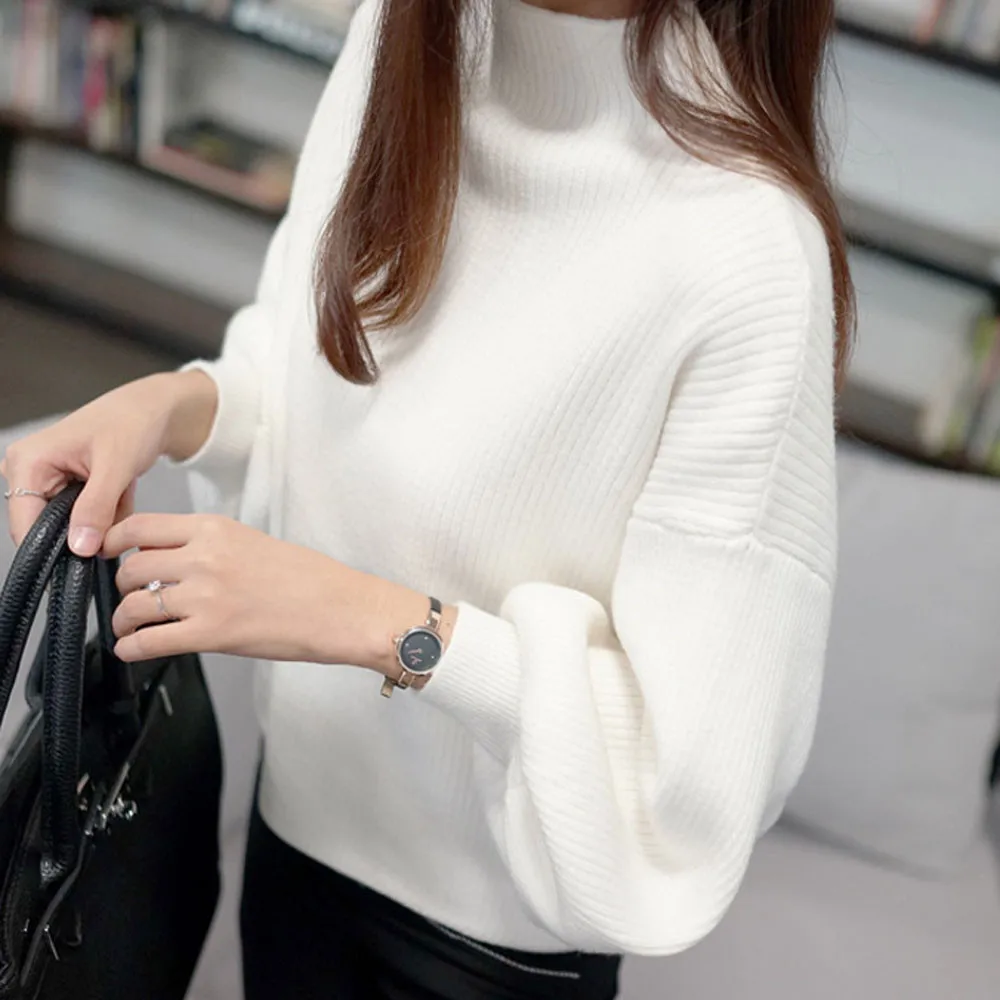 

Winter Autumn Women Lantern Sleeve Knit Sweater Jumper Loose Turleneck sweaters women invierno 2019 on sale @8