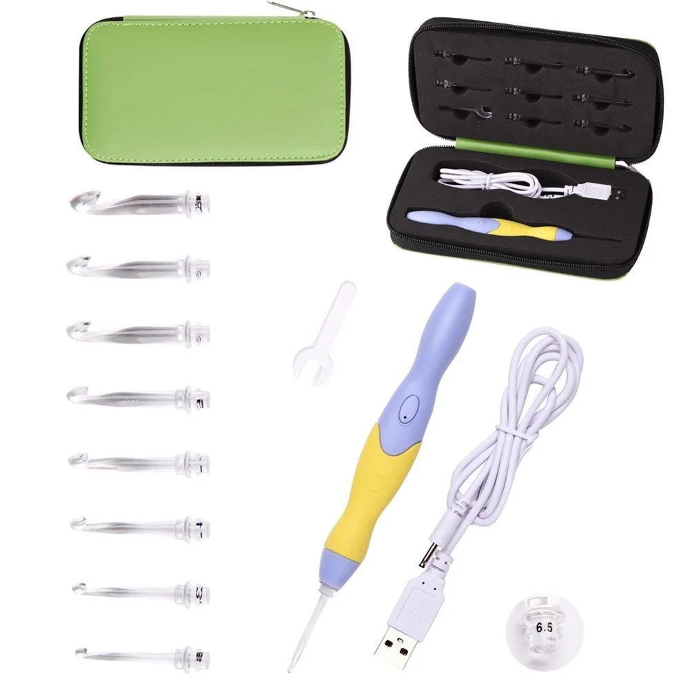 9 в 1 Led Light Up USB крючком крюк шарф портативный DIY свитер Регулируемая яркость с чехлом эргономичные ручки вязаный набор ремесло - Цвет: Зеленый