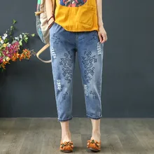 Размера плюс летние джинсы штаны-шаровары брюки Для женщин Повседневное свободные Винтаж вышивка джинсовые брюки, Капри Высокая талия джинсы Vaqueros