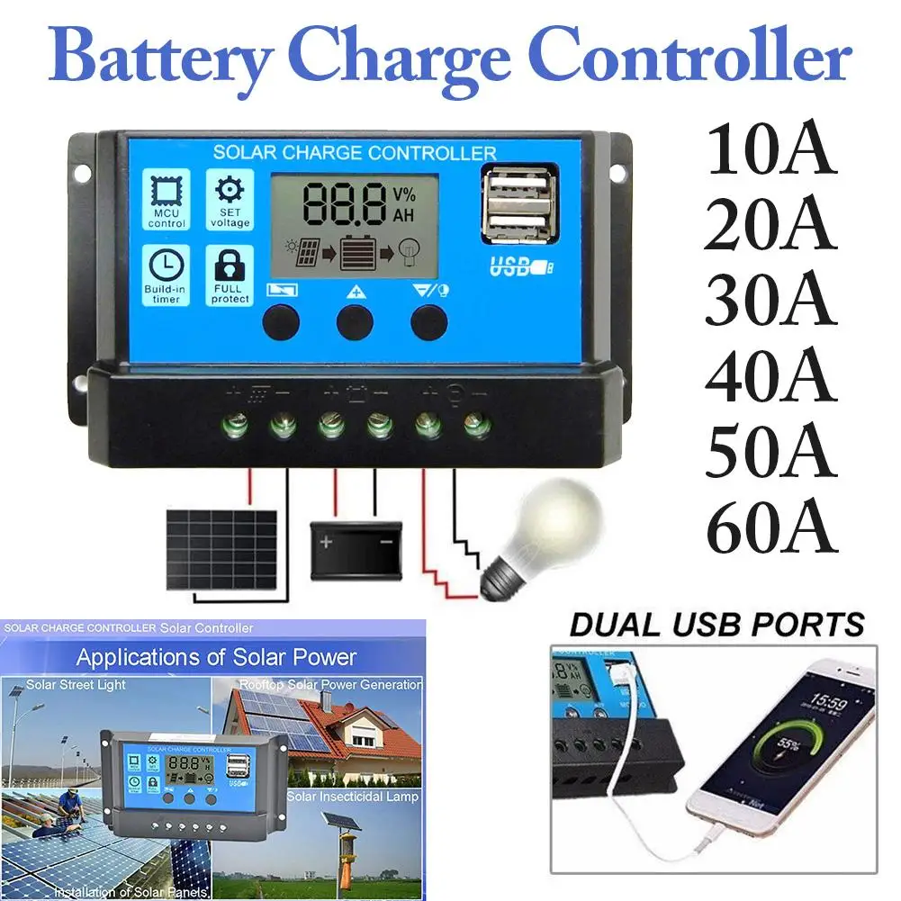 Solar Panle Controller Dual Timer with LCD Display for 12V/24V Solar Panel with 5V Mobile Charger and Usd for Control Light and Water Feature 20a Solar Charge Controller 
