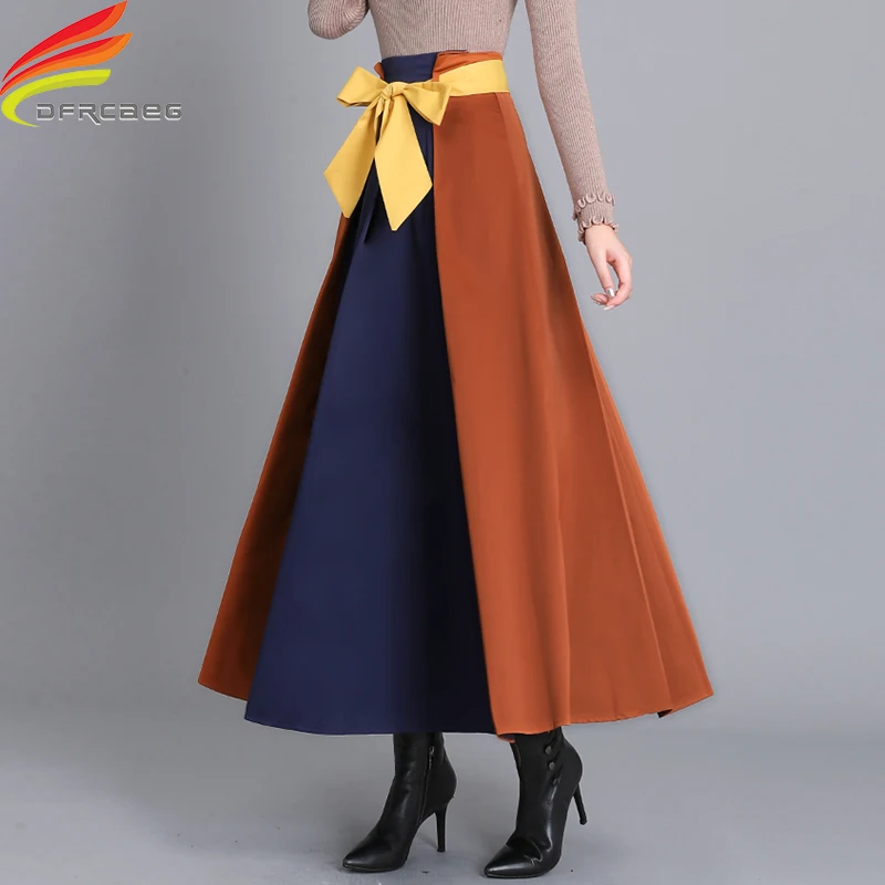 Falda larga de cintura alta para mujer, faldas largas de 3 colores para invierno, Maxi, falda con lazo, ropa calle, 2019|Faldas| - AliExpress