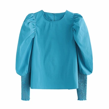 

Stylish Solid Puff Sleeve Women Blouse Retro O-Neck Female Blouses Shirts Preppy Style Ladies Tops Blusa