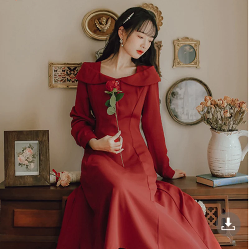

DALMAZZO Good Quality Solid Retro Long Dress 2021 Autumn Winter Women French Square Collar Long Sleeve High Waist A Line Vestido
