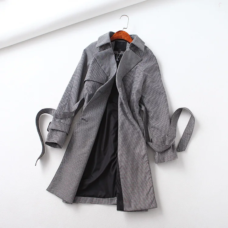 401op Elegant Versatile Fold-down Collar Double Breasted Lace-up Waist Hugging Mid-length Plaid Trench Coat