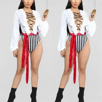 

2020 Sexy Women Pirate Costume Halloween Fancy Party Ruffles Bandge Jumpsuit Carnival Performance Adult Pirate Cosplay Costumes