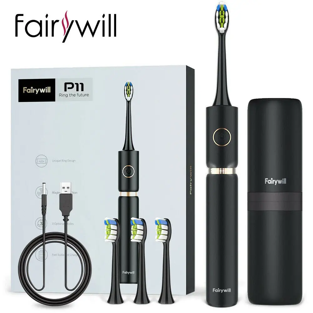 Fairywill P11 Sonic Whitening Electric Toothbrush Rechargeable USB Charger Ultra Powerful Waterproof 4 Heads and 1 Travel Case Fairywill P11 Sonic Whitening Electric Toothbrush Rechargeable USB Charger Ultra Powerful Waterproof 4 Heads and 1 Travel Case