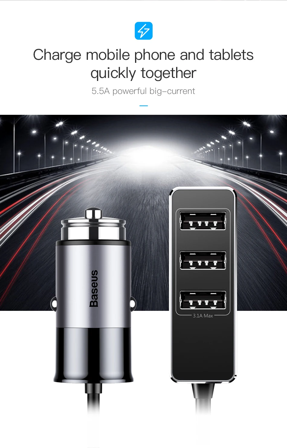 Baseus мульти 4 порта USB Автомобильное зарядное устройство несколько 5.5A турбо Быстрая автомобильная зарядка USB зарядное устройство для iPhone X