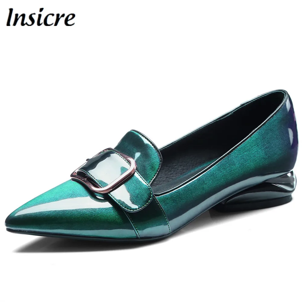 

Insicre Elegant Women Spring Summer Flat Women Genuine Cow Patent Leather Pointed Toe Buckle Party Dancing Shoes Big Size 34-42