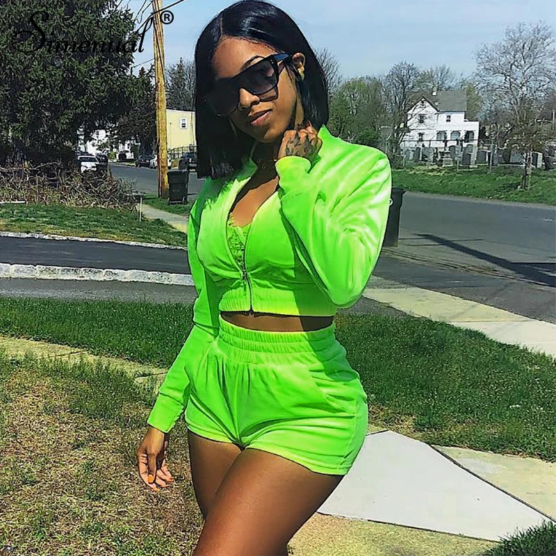 

Simenual Casual Fashion Women Matching Set 2019 Autumn Solid Zipper Velvet 2 Piece Outfits Long Sleeve Crop Top And Shorts Sets