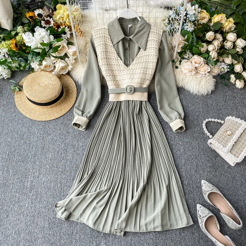 new fashion women's clothing Suit vest pleated dress two-piece suit dresses - Цвет: Зеленый