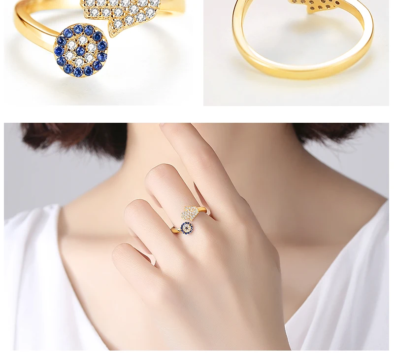 KALETINE 925 Sterling Silver Evil Eye Blue Eye Hamsa Hand Fatima Hand Adjustable Female Rings Open Size Ring Wedding Jewelry