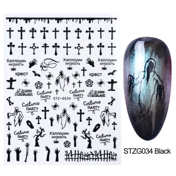 STZG034 Black 1 шт стикер для ногтей золотой черный Хэллоуин 3D дизайн Фольга Слайдеры для украшения ногтей маникюр вода наклейка советы LASTZG032-040-2 - Цвет: STZG034 Black