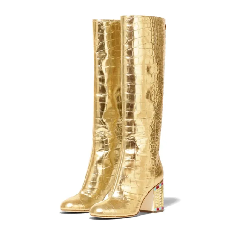 Новинка года; золотистые сапоги до колена; женские сапоги на высоком каблуке с острым носком, стразы смешанного цвета, Украшенные бусинами; женская обувь для подиума; женские ботильоны - Цвет: Gold Long Boots