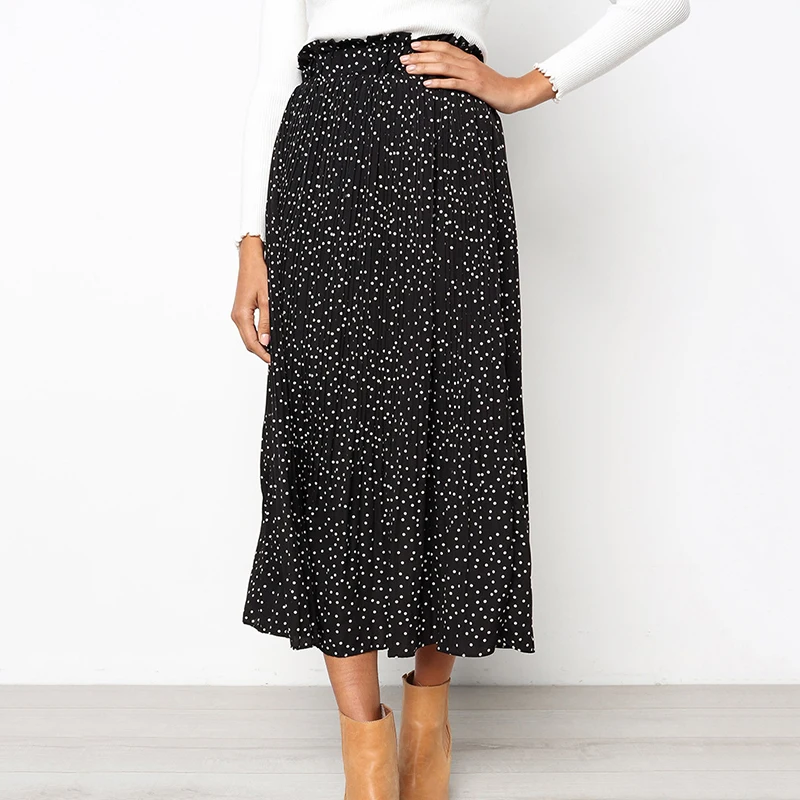Осенняя женская элегантная плиссированная юбка с высокой талией, эластичная юбка макси в горошек, повседневные длинные юбки трапециевидной формы в стиле Харадзюку