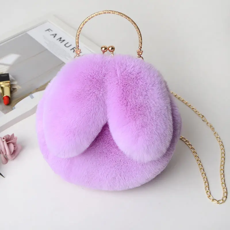 Taro Purple Искусственный мех, кроличьи уши, плюшевая кавайная круглая сумка, сумки через плечо, женская сумка-мессенджер на цепочке, модная дамская одноцветная Сумочка с мехом - Цвет: Taro Purple