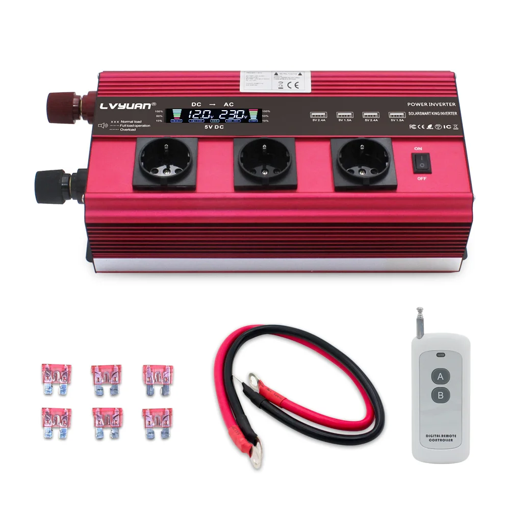 US $121.92 12v To 230v12000w Peak Lcd Display Eu Socket Modified Sine Wave With 3 Ac Socket 4 Usb Wireless Remote Control Power Inverter