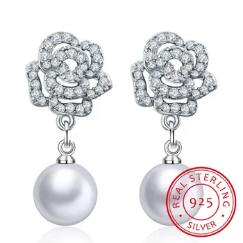 

Authentic 925 Sterling Silver Zirconia Rose Flower Freshwater Pearl Stud Earrings for Women Luxury Silver Jewelry SCE259