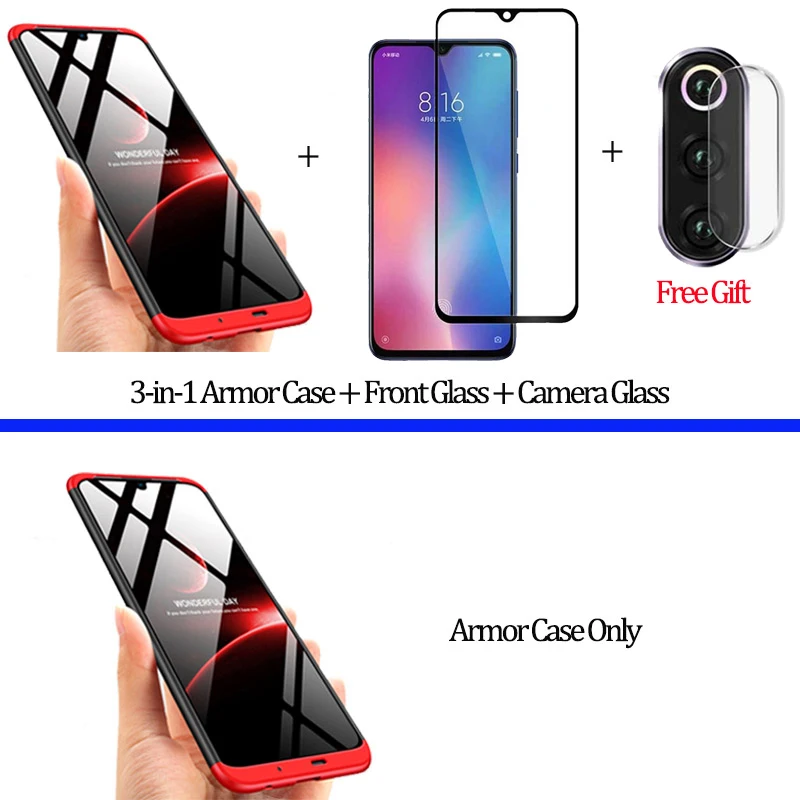 3-in-1 Armor Case For Mi9T Xiaomi Mi 9 SE Hard Plastic Anti-Shock Bumper Case Xiaomi-Mi-9T Full Cover xiaomi mi9 se Case+ Glass
