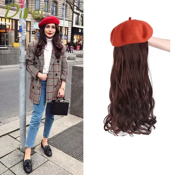 

DIFEI High temperature synthetic wig long wavy hair red black beret hat for women