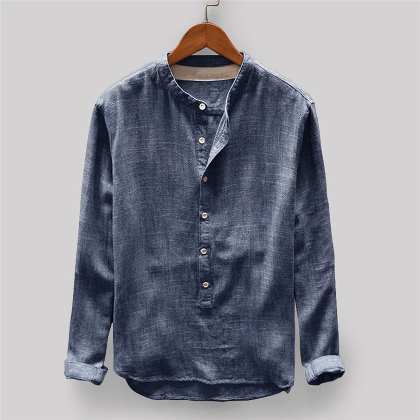 New Mens Traditional Chinese Clothing Tang Suit Long Sleeve Solid Linen Hanfu Men Retro Kung Fu Cheongsam Tops Clothes