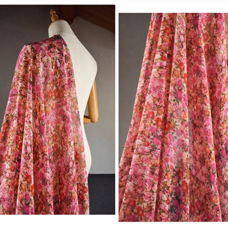 Half Meter New Design Red Colored Flower Print Chiffon Fabric For Dress Shirt Gallus Cheongsam Lady's Garment T1666