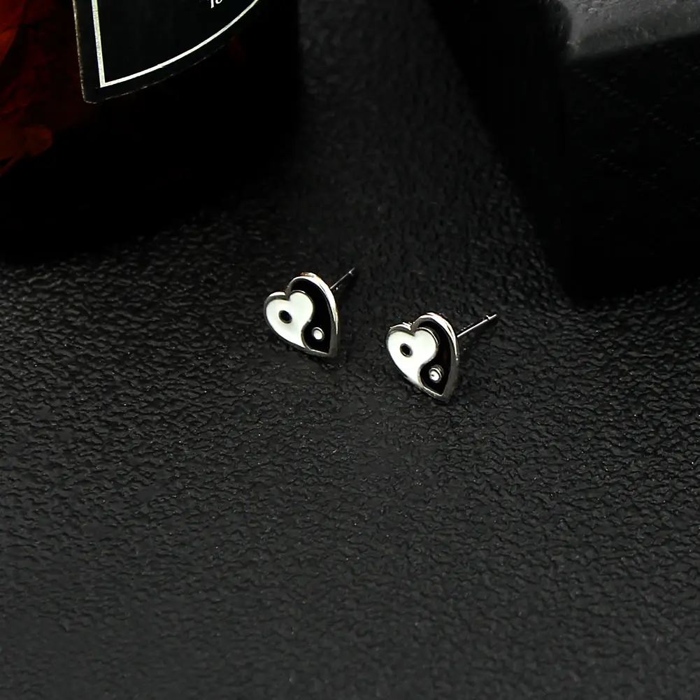 Flatfoosie Minimalist Yin Yang Drop Glazed Stud Earrings For Women Silver Color Heart Geometric Earrings Fashion Jewelry Gift