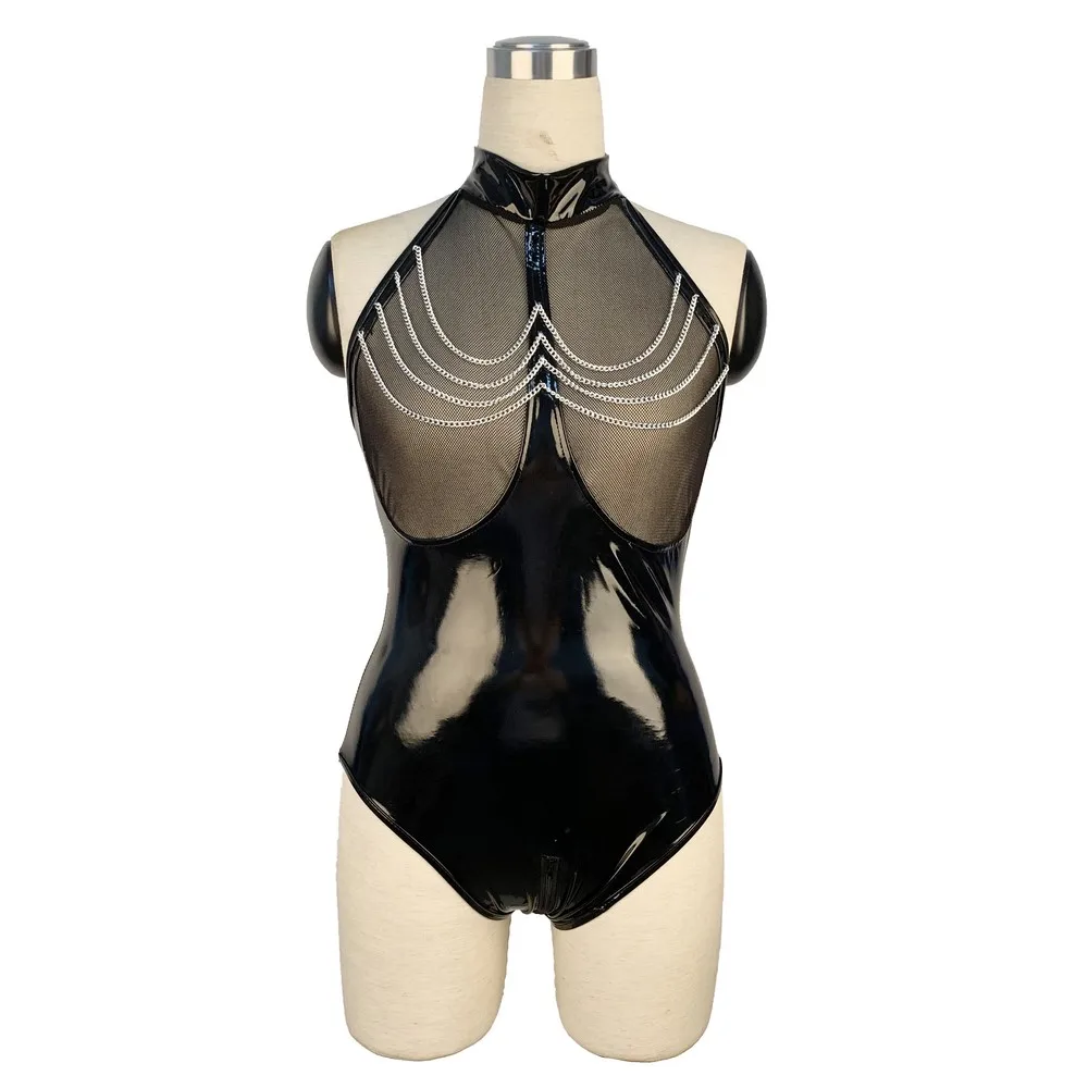 Sexy Women PVC Latex Catsuit Faux Leather Hot PU Bodysuits Erotic Leotard Costume Halter Neck Mesh Fishnet Bust Zipper white lace bodysuit