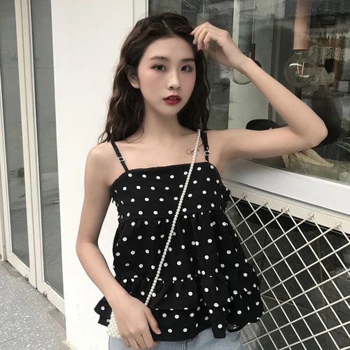 Черный Спагетти ремень сладкий горошек оборками Camis с открытыми плечами Женская одежда Летний стиль корейские женские Топы camisa feminina Новинка - Цвет: Черный