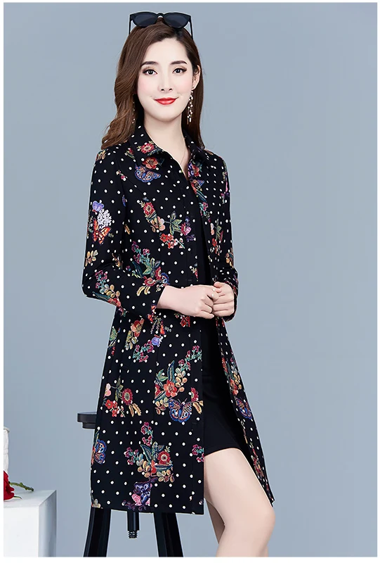 Весенне-осеннее винтажное Женское пальто, тонкое пальто с цветочным принтом и длинным рукавом, Женское пальто в горошек 5xl - Цвет: floral 2