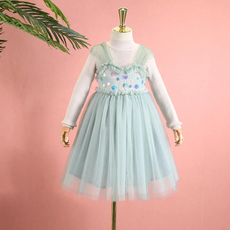 

Girls plus velvet dress 2019 autumn and winter new children's mesh stitching fake two-piece skirt princess dress