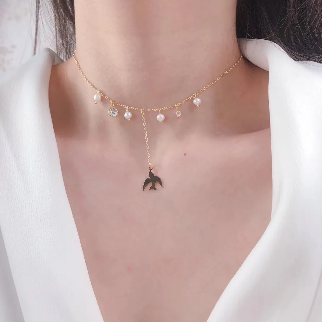 

Butterfly Home Swallow Double Wear-Necklace 14k Gold 3-4 round Glare Virgine Pearl Necklace Syjs60g60gi