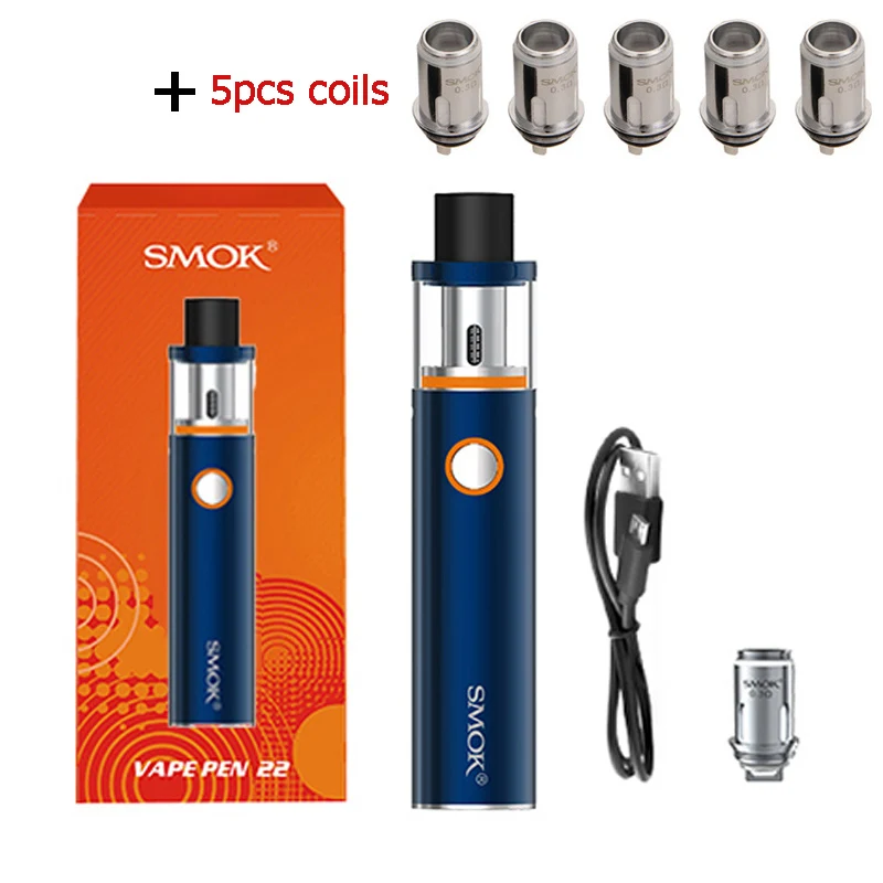 Blue and 5 coils Smok Vape Pen 22 комплект со встроенным аккумулятором 1650 мАч Vape Pen 22 резервуар Ом двухъядерный светодиодный электронная сигарета испаритель - Цвет: Blue and 5 coils