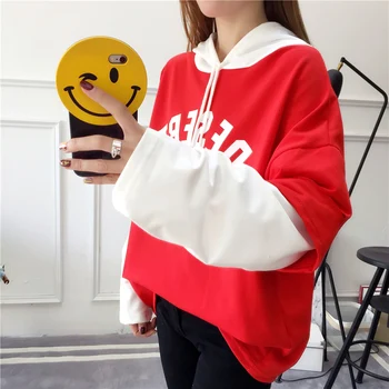 

Women Autumn Spring New Letter Prints Drop-Shoulder Hooded Sweatshirts Female Patchwork fake two pieces Sweatshirts ZX1015