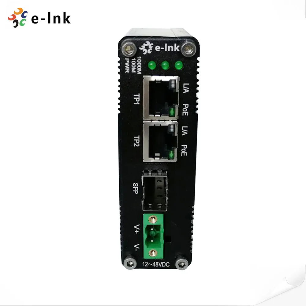 Мини промышленный 1 порт 100/1000X SFP в 2 порта 10/100/1000T 30 Вт PoE + медиаконвертер с входом 12