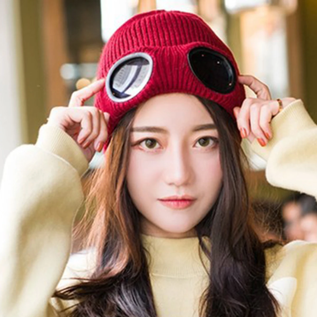 Fashion Double-use Thickened Winter Knitted Hat Warm Beanies Skullies Ski Cap with Removable Glasses for Men Women Cap - Цвет: Бургундия