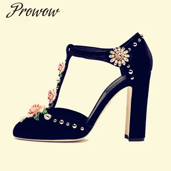 

Black Pink Floral Emblishment Mary Janes Pumps Round Toe Thick Heel High Heel Pumps Shoes Women