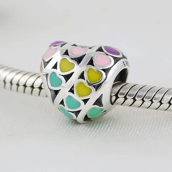 

Authentic S925 Bead DIY Jewelry Multi-Color Rainbow Hearts Charms fit Lady Bracelet Girl Lady Birthday Gift Mixed Enamel
