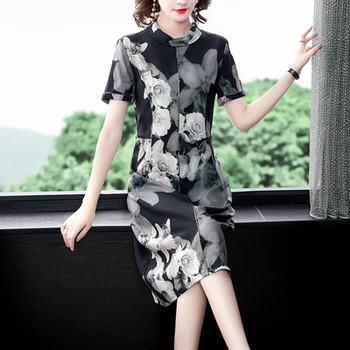 

2020 Summer Women Print Loose Dress Chinese Style Mandarin Collar Vintage Dress Ladies Dresses Middle Aged Mother Plus Size 3xl