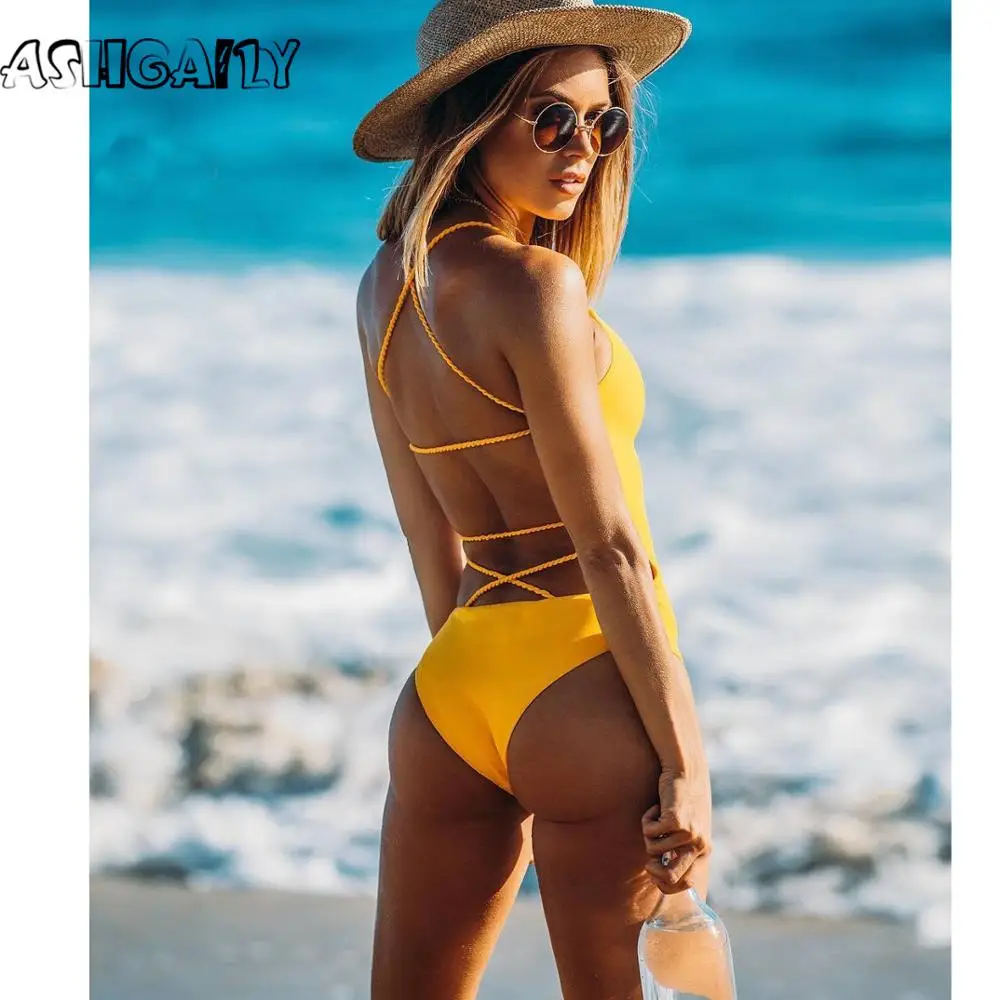 Купить One Piece Swimsuit 2020 Swimwear Women Sexy Halter Backless Bathing Suit Beach Wear Solid Push Up Monokini  Спорт и развлечения | One-Piece Suits (4000723352938)