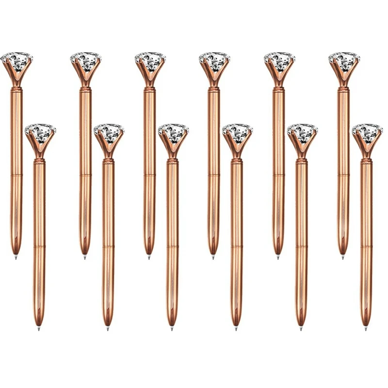 

100 Pieces Big Crystal Diamond Pen Metal Ballpoint Pen Black Ink Ring Wedding Office Metal Ring Roller Ball Pen Rose Gold Gift