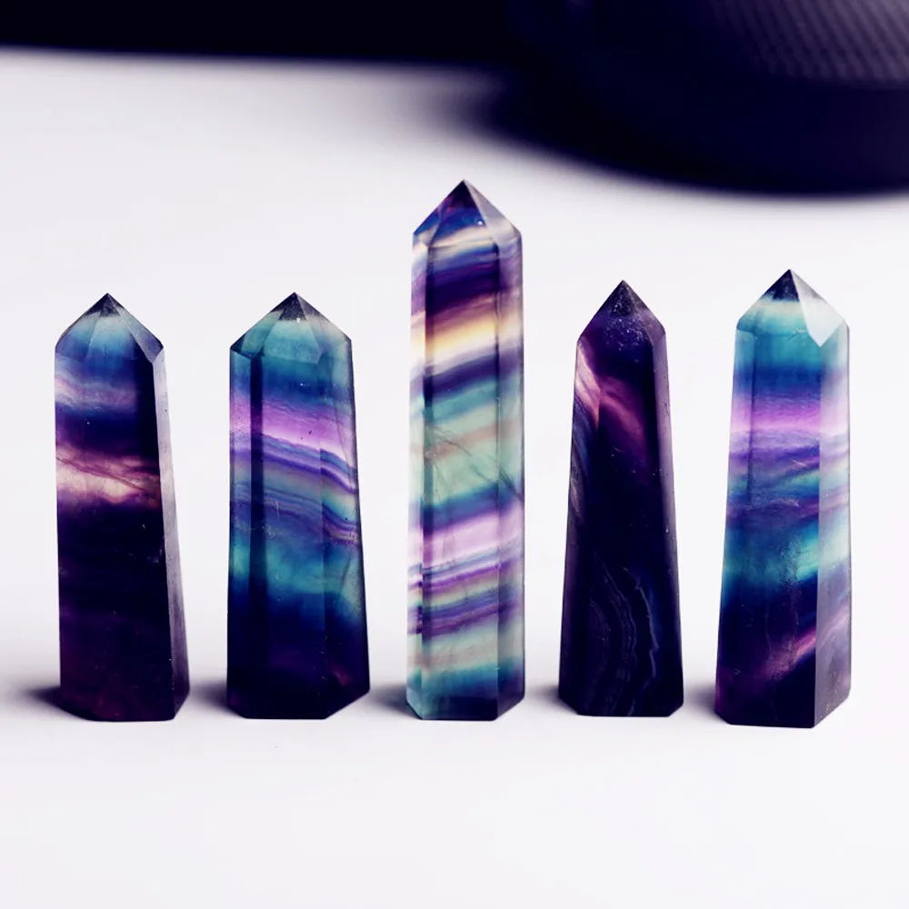 

Natural Fluorite Crystal Colorful Striped Fluorite Quartz Crystal Stone Point Healing Hexagonal Wand Treatment Stone