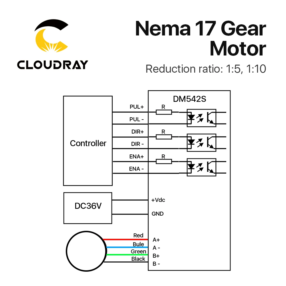 Cloudray Nema 17 Stepper Motor 4-lead 0.42/0.52N.m Planetary Gearbox Motor Nema 17 Ratio 5:1/10:1 for CNC