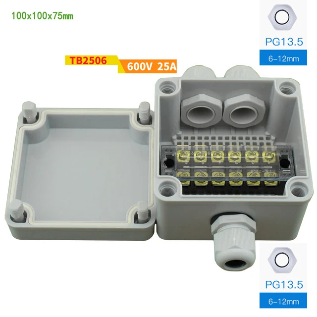 35A 600V 3 Pins Terminal Blocks with Gland Connectors Sealed  Enclosure Case Project Junction Box 1 in 2 out box 25A