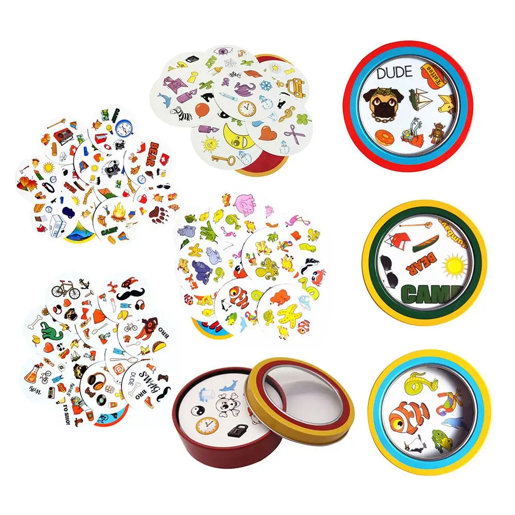 Juego de cartas con símbolos de 80mm versión inglesa, juguetes educativos con caja de metal para actividades familiares, juego de mesa para disfrutar de fiestas, 2019