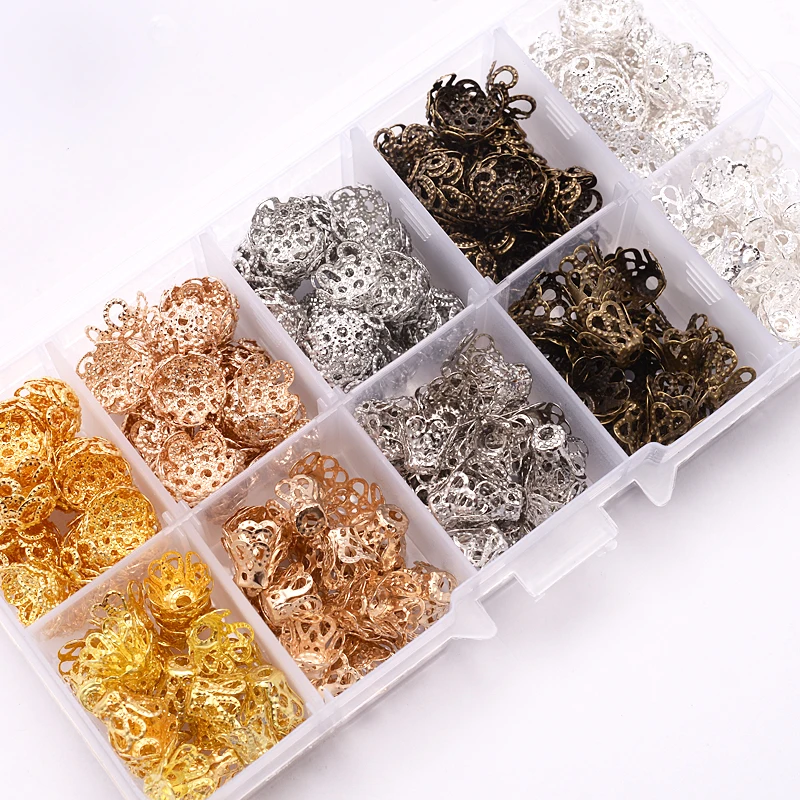

Approx 400Pcs DIY Jewelry Findings Set Jewelry Making Tools Silver Color Hollow Flower Bead Caps Jewelry Making Supplies Kit